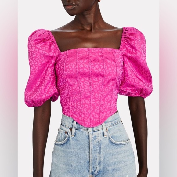 Saylor REVOLVE Korey Puff Sleeve Satin Bustier Top Pink Cheetah Animal Print - Picture 1 of 12